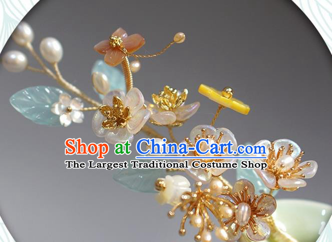 Chinese Ancient Princess Shell Butterfly Flowers Hairpin Traditional Song Dynasty Pearls Hair Stick