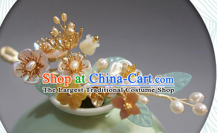 Chinese Ancient Princess Shell Butterfly Flowers Hairpin Traditional Song Dynasty Pearls Hair Stick