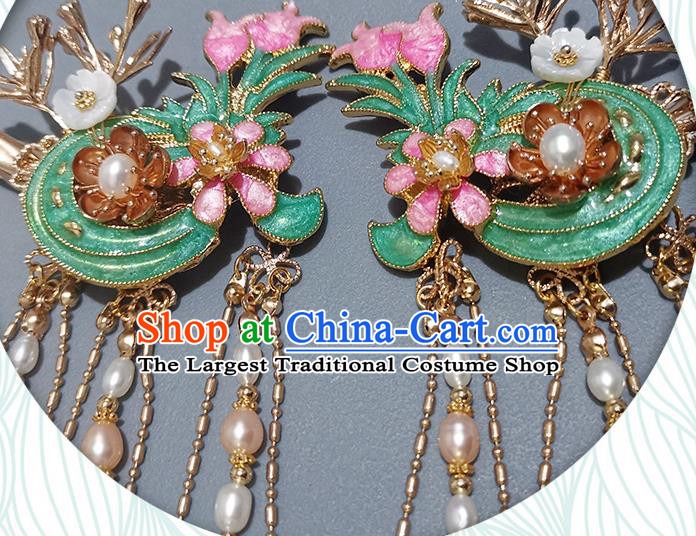 Chinese Ancient Young Beauty Enamel Hair Stick Traditional Ming Dynasty Pearls Tassel Hair Claws