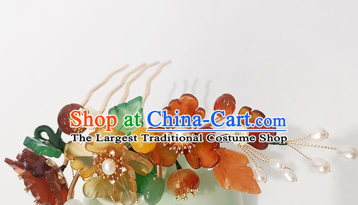 Chinese Ancient Princess Pearls Hairpin Traditional Song Dynasty Agate Flowers Hair Comb