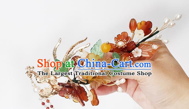 Chinese Ancient Empress Red Peony Hairpin Traditional Song Dynasty Golden Phoenix Tassel Hair Stick