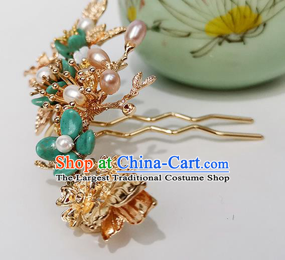 Chinese Ancient Empress Pearls Hairpin Traditional Song Dynasty Green Plum Blossom Hair Stick