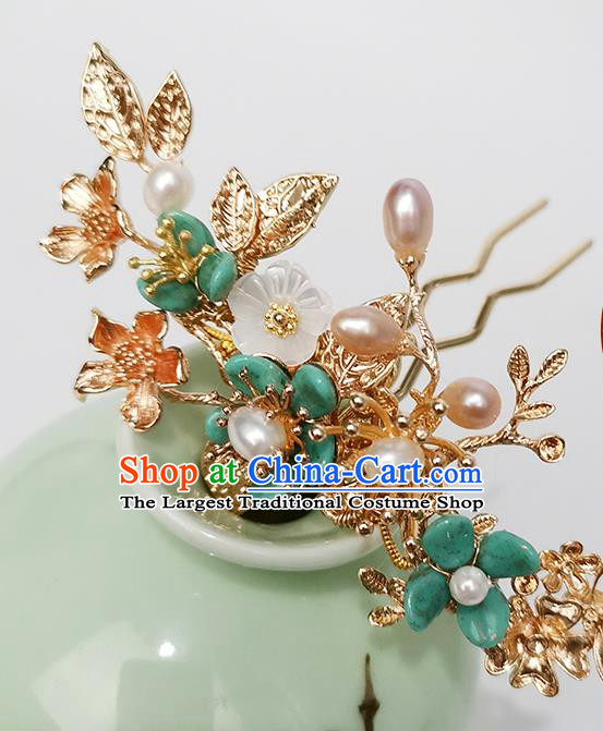 Chinese Ancient Empress Pearls Hairpin Traditional Song Dynasty Green Plum Blossom Hair Stick