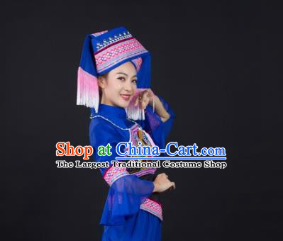 Chinese Traditional Zhuang Nationality Blue Suits Guangxi Minority Blouse and Pants Ethnic Folk Dance Garment Clothing with Headwear