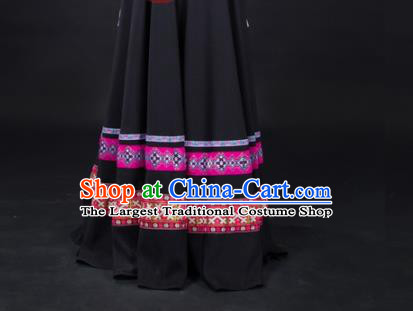 Chinese Traditional Zhuang Nationality Folk Dance Black Suits Guangxi Minority Dress Ethnic Festival Garment Clothing and Tassel Hat