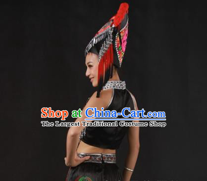 Chinese Guangxi Minority Dress Ethnic Dance Garment Clothing Traditional Zhuang Nationality Performance Suits and Tassel Hat