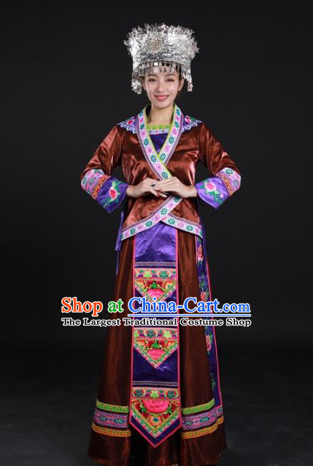 Chinese Xiangxi Minority Performance Brown Dress Ethnic Dance Garment Clothing Traditional Miao Nationality Suits and Silver Headdress