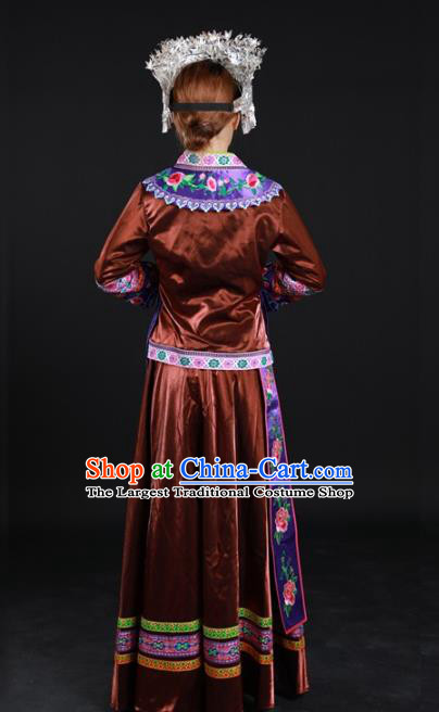 Chinese Xiangxi Minority Performance Brown Dress Ethnic Dance Garment Clothing Traditional Miao Nationality Suits and Silver Headdress