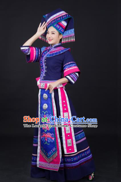 Chinese Traditional Zhuang Nationality Female Garments Guangxi Minority Wedding Navy Dress Ethnic Dance Performance Clothing and Headdress
