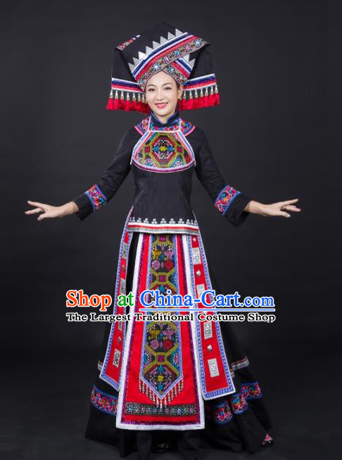 Chinese Zhuang Nationality Dance Garments Guangxi Minority Stage Performance Black Dress Traditional Ethnic Clothing and Headwear