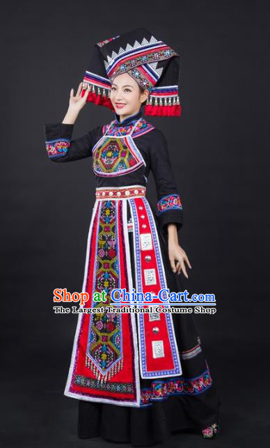 Chinese Zhuang Nationality Dance Garments Guangxi Minority Stage Performance Black Dress Traditional Ethnic Clothing and Headwear