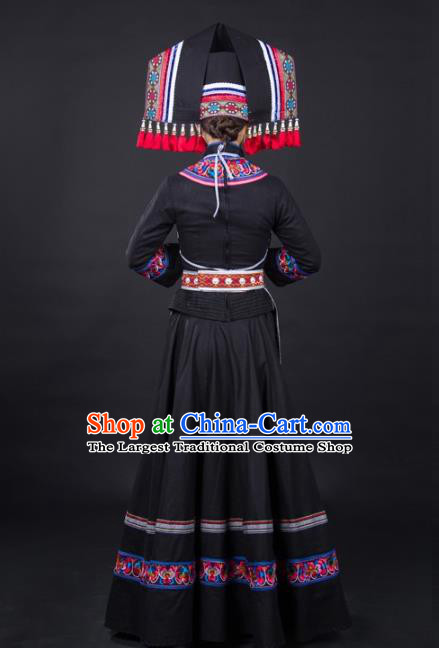 Chinese Zhuang Nationality Dance Garments Guangxi Minority Stage Performance Black Dress Traditional Ethnic Clothing and Headwear