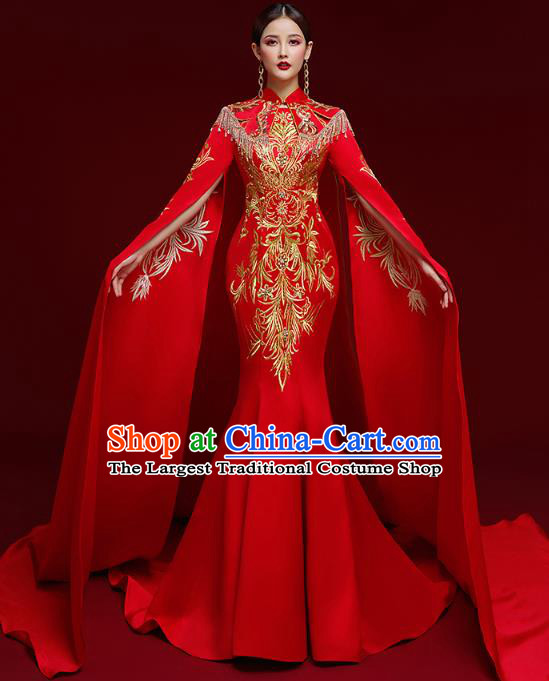 China Stage Show Clothing Catwalks Garment Compere Embroidered Red Full Dress