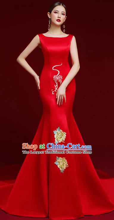 China Wedding Embroidered Red Trailing Full Dress Stage Show Clothing Catwalks Bride Cheongsam Garment