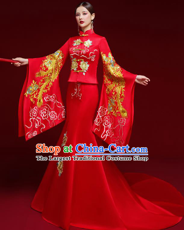 China Wedding Embroidered Red Trailing Full Dress Stage Show Clothing Catwalks Bride Cheongsam Garment