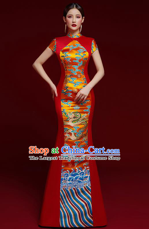 China Catwalks Classical Dragon Pattern Brocade Cheongsam Garment Wedding Red Fishtail Full Dress Stage Show Clothing