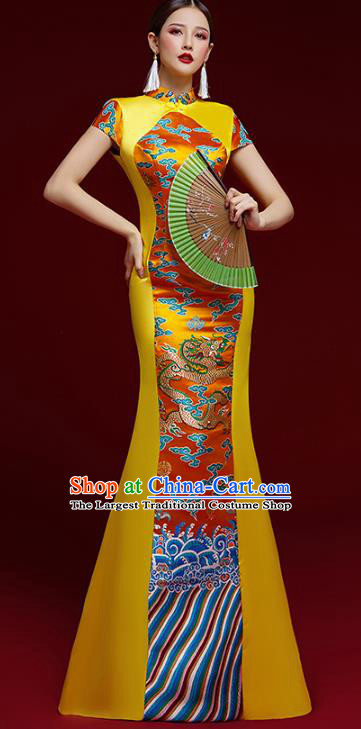 China Stage Show Clothing Catwalks Classical Dragon Pattern Brocade Cheongsam Garment Wedding Golden Fishtail Full Dress
