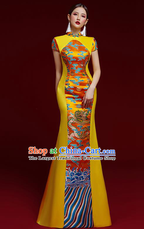 China Stage Show Clothing Catwalks Classical Dragon Pattern Brocade Cheongsam Garment Wedding Golden Fishtail Full Dress
