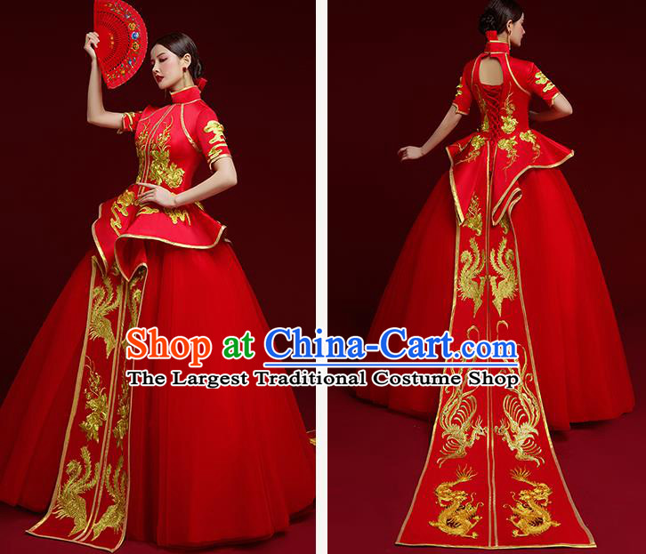 China Wedding Red Brocade Full Dress Stage Show Clothing Catwalks Compere Cheongsam Garment