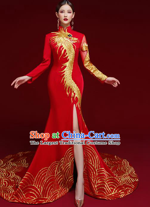 China Catwalks Compere Embroidered Dragon Cheongsam Garment Wedding Red Brocade Trailing Full Dress Stage Show Clothing