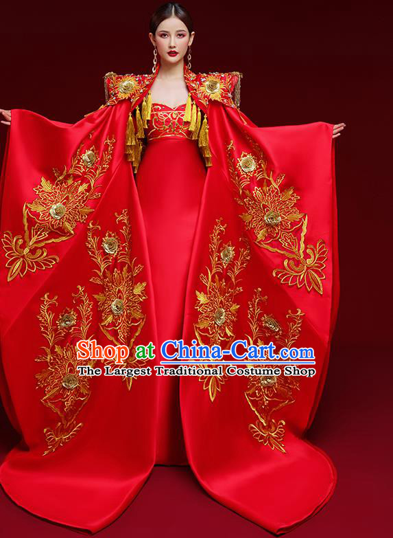 China Wedding Red Trailing Full Dress Stage Show Cape Clothing Catwalks Queen Embroidered Garment