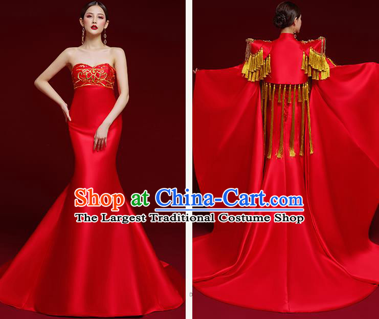 China Wedding Red Trailing Full Dress Stage Show Cape Clothing Catwalks Queen Embroidered Garment