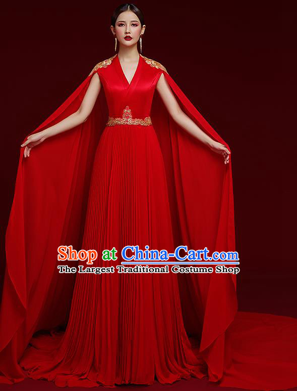 China Catwalks Embroidered Dress Garment Compere Red Trailing Cape Full Dress Stage Show Clothing