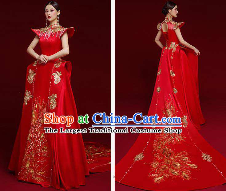 China Bride Wedding Dress Garment Compere Red Full Dress Stage Show Embroidered Cheongsam Clothing