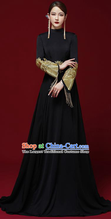 China Stage Show Embroidered Cheongsam Clothing Catwalks Dress Garment Compere Black Full Dress