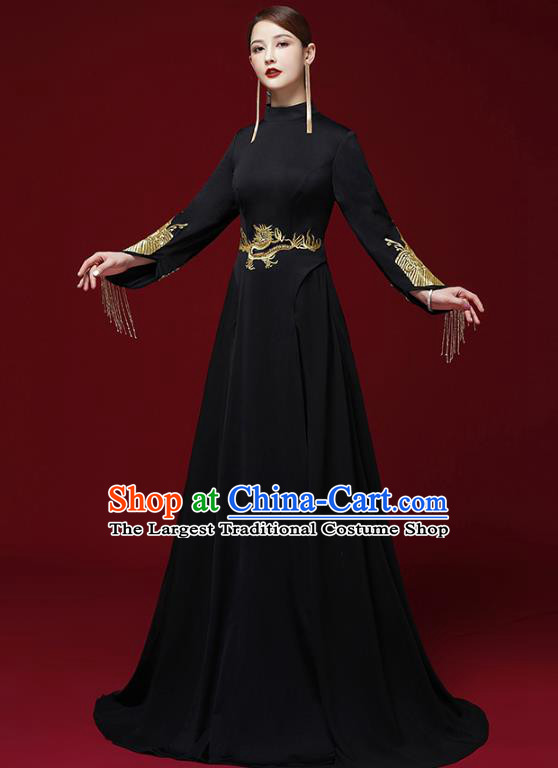 China Stage Show Embroidered Cheongsam Clothing Catwalks Dress Garment Compere Black Full Dress