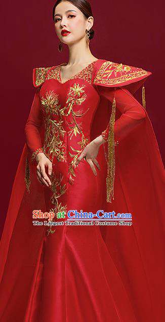 China Embroidered Garment Compere Trailing Cape Dress Stage Show Wedding Clothing Catwalks Full Dress