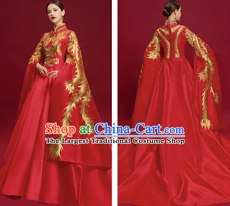 China Stage Show Wedding Clothing Catwalks Full Dress Embroidered Phoenix Garment Compere Water Sleeve Dress