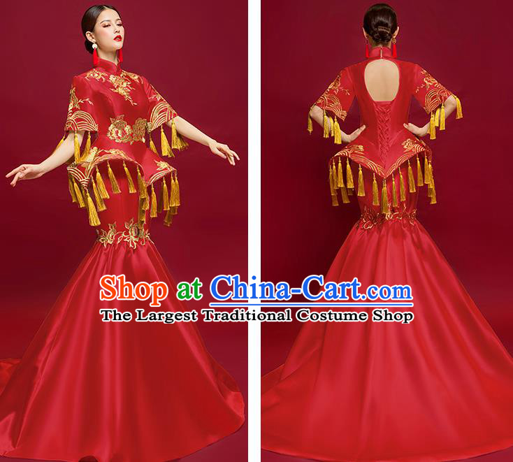 China Bride Embroidered Wedding Garment Compere Dress Stage Show Clothing Catwalks Fishtail Full Dress