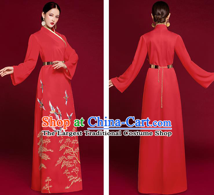 China Catwalks Embroidered Garment Compere Red Dress Stage Show Clothing Bride Slim Full Dress