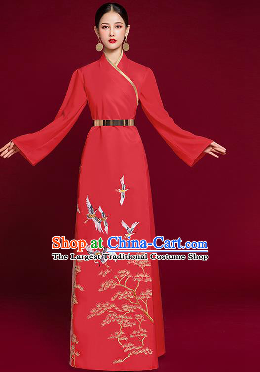 China Catwalks Embroidered Garment Compere Red Dress Stage Show Clothing Bride Slim Full Dress