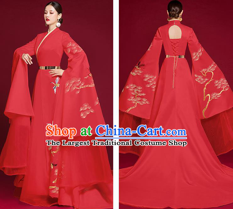 China Bride Mandarin Sleeve Full Dress Catwalks Embroidered Garment Compere Red Dress Stage Show Clothing