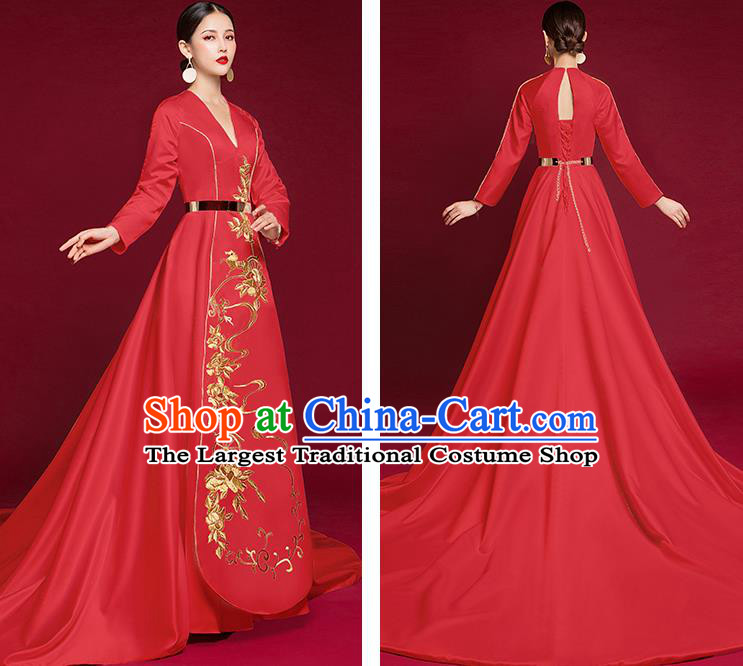 China Stage Show Wedding Clothing Bride Full Dress Catwalks Embroidered Garment Compere Red Trailing Dress