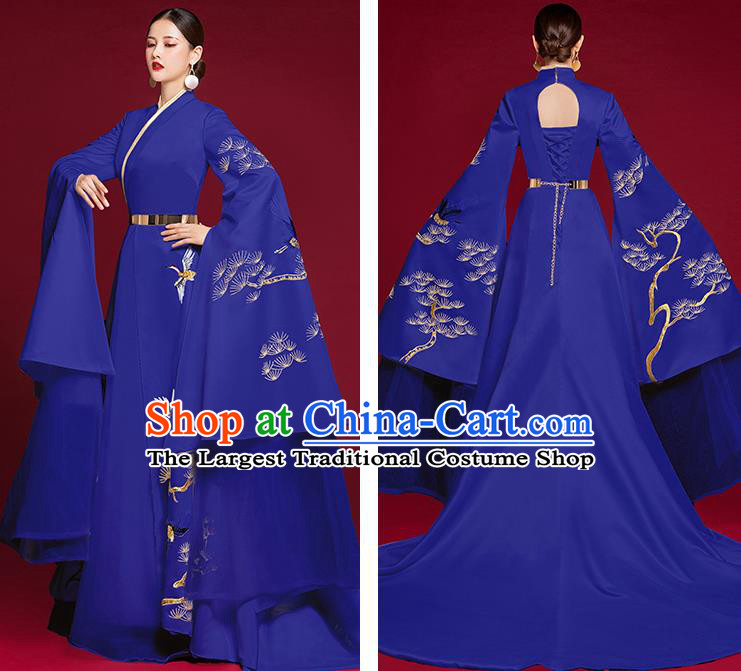 China Compere Trailing Full Dress Stage Show Embroidered Pine Crane Clothing Catwalks Water Sleeve Dress Garment