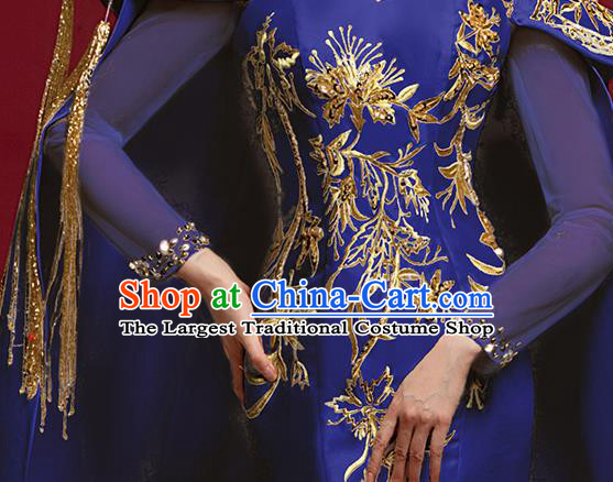 China Catwalks Clothing Compere Embroidered Royalblue Dress Garment Stage Show Trailing Cape Full Dress