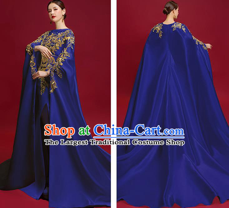 China Catwalks Wide Sleeve Clothing Compere Embroidered Royalblue Dress Garment Stage Show Trailing Full Dress