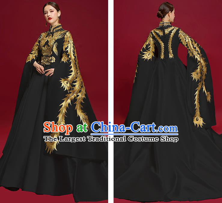 China Stage Show Water Sleeve Full Dress Catwalks Fashion Clothing Compere Embroidered Phoenix Black Dress Garment
