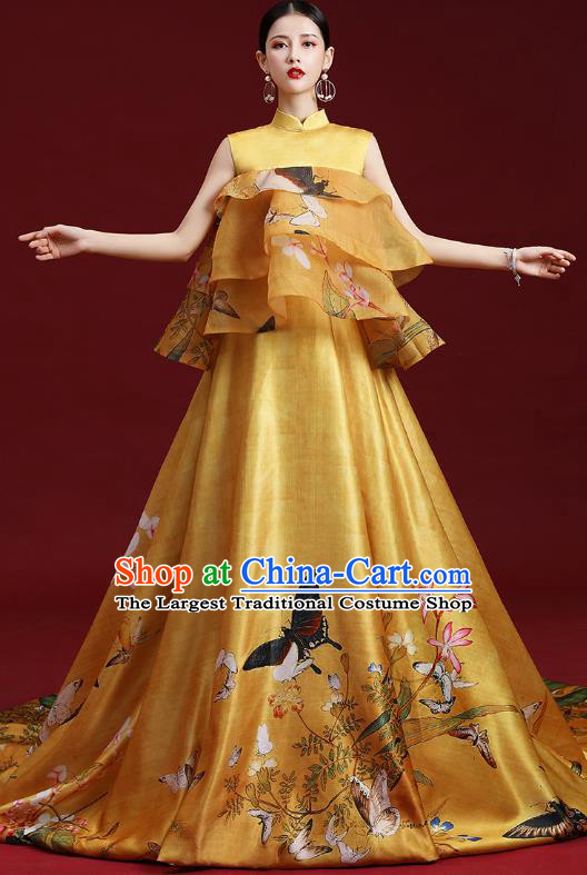 China Compere Printing Yellow Trailing Dress Garment Stage Show Full Dress Catwalks Fashion Cheongsam Clothing