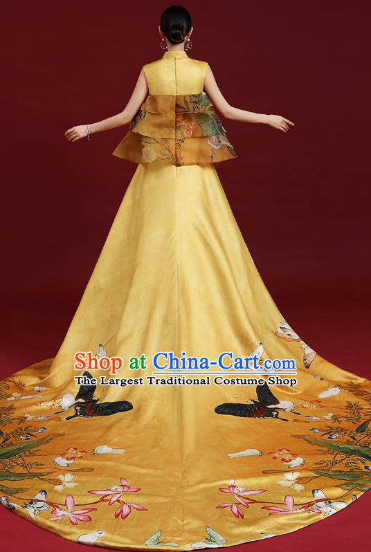 China Compere Printing Yellow Trailing Dress Garment Stage Show Full Dress Catwalks Fashion Cheongsam Clothing