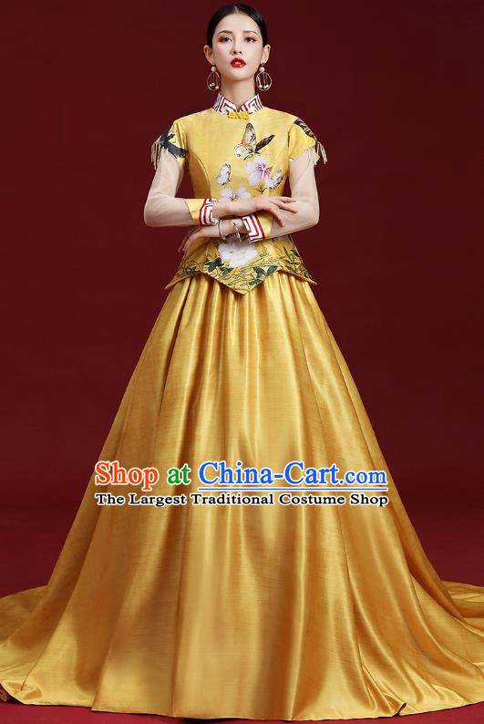 China Printing Cheongsam Clothing Compere Yellow Trailing Dress Garment Stage Show Full Dress Catwalks Fashion