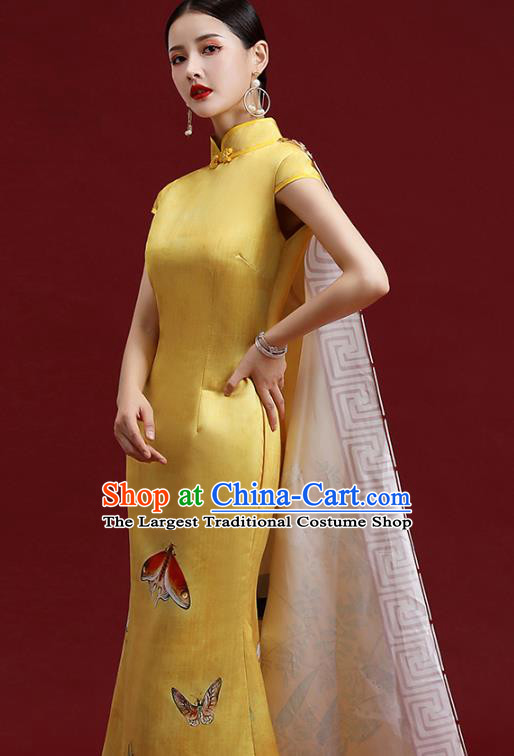 China Catwalks Fashion Long Cape Trailing Cheongsam Clothing Compere Dress Garment Stage Show Full Dress