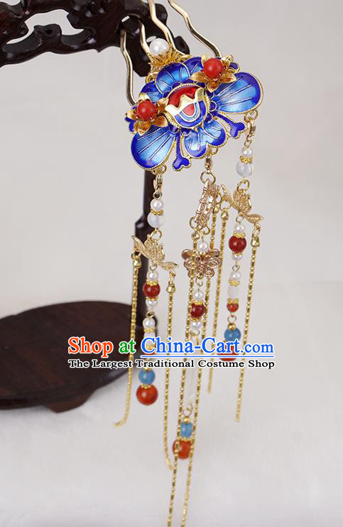 Chinese Ancient Noble Lady Blueing Peony Hairpin Traditional Ming Dynasty Golden Tassel Hair Comb