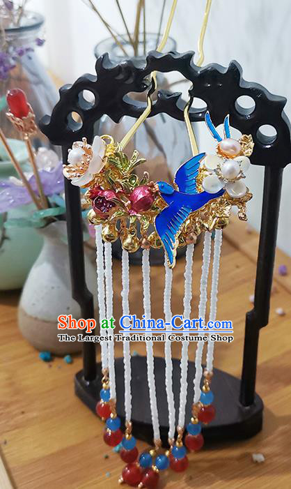 Chinese Ancient Young Lady Blueing Hairpin Traditional Ming Dynasty Beads Tassel Hair Stick