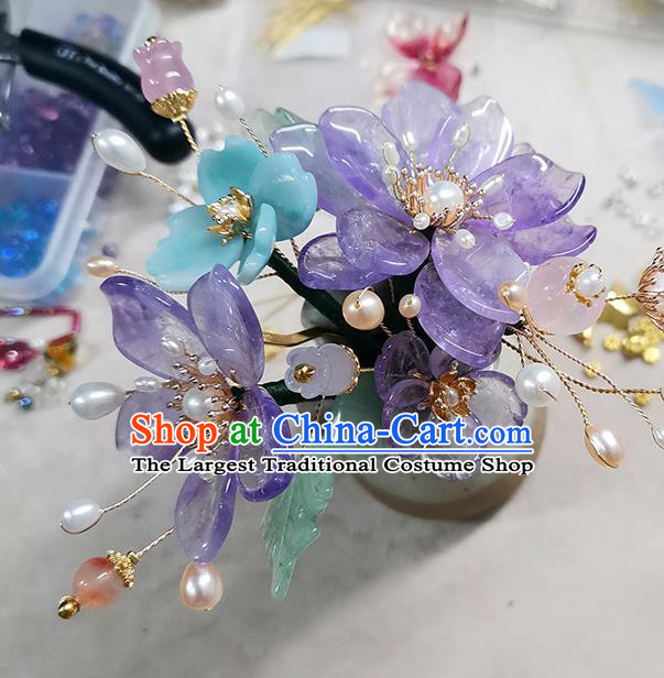 Chinese Ancient Palace Lady Pearls Hairpin Traditional Ming Dynasty Amethyst Flowers Hair Stick