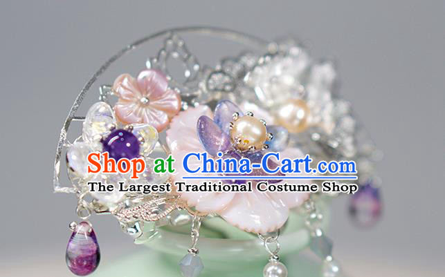 Chinese Ancient Swordswoman Argent Hairpin Traditional Ming Dynasty Shell Flower Hair Crown