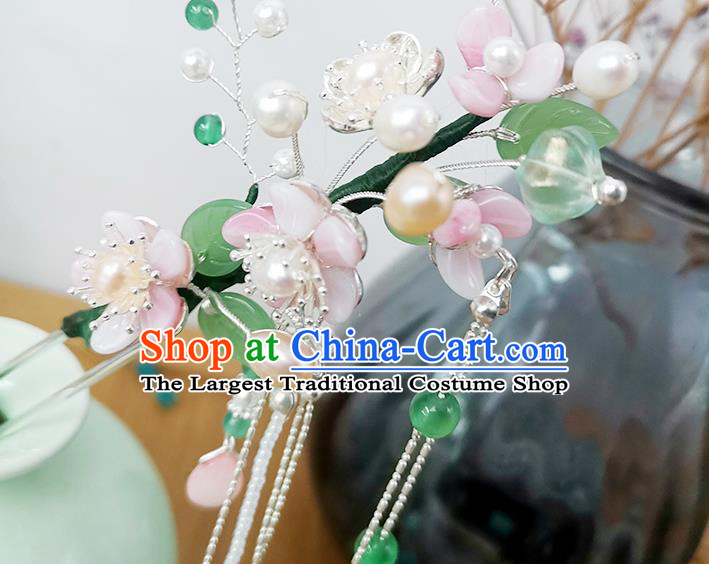 Chinese Ancient Palace Lady Tassel Hairpin Traditional Ming Dynasty Pink Plum Blossom Hair Stick